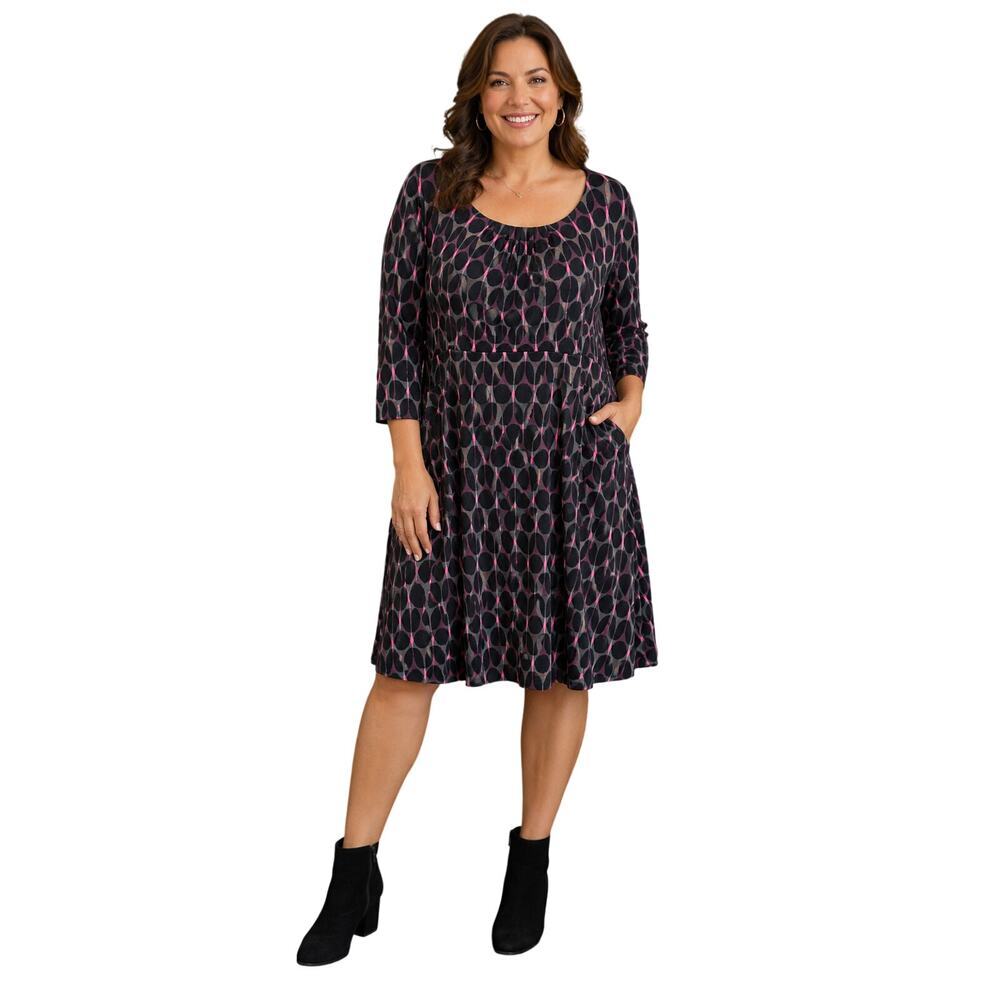 Boden 16 L LONG TALL midi pocket dress 1/2 sleeve geometric black pink stretch